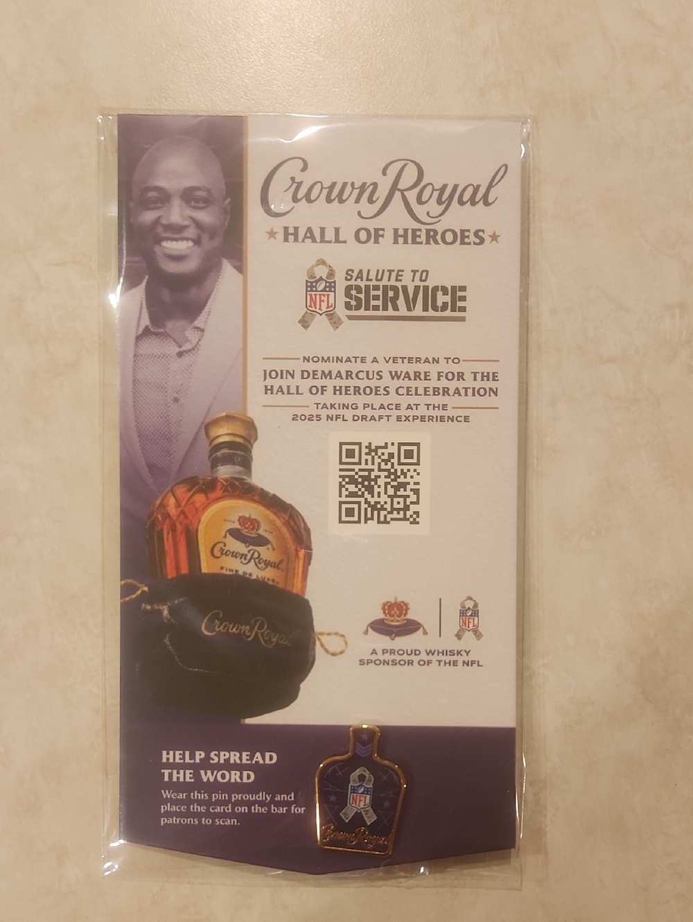 Crown Royal Hall of Heroes NFL Promo Card with Crown Royal Bottle Pin